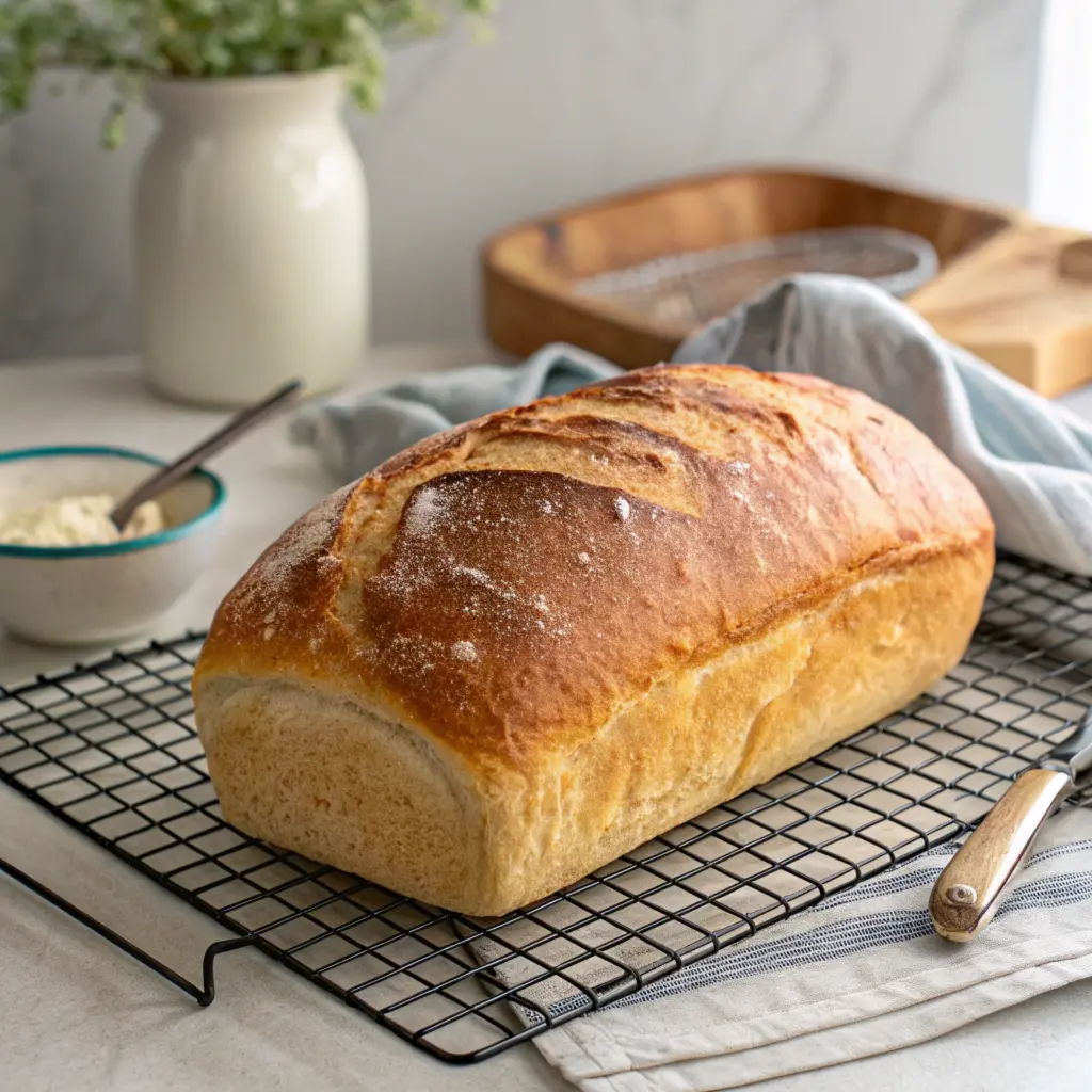 Golden sourdough loaf cooling on a wire rack with steam rising