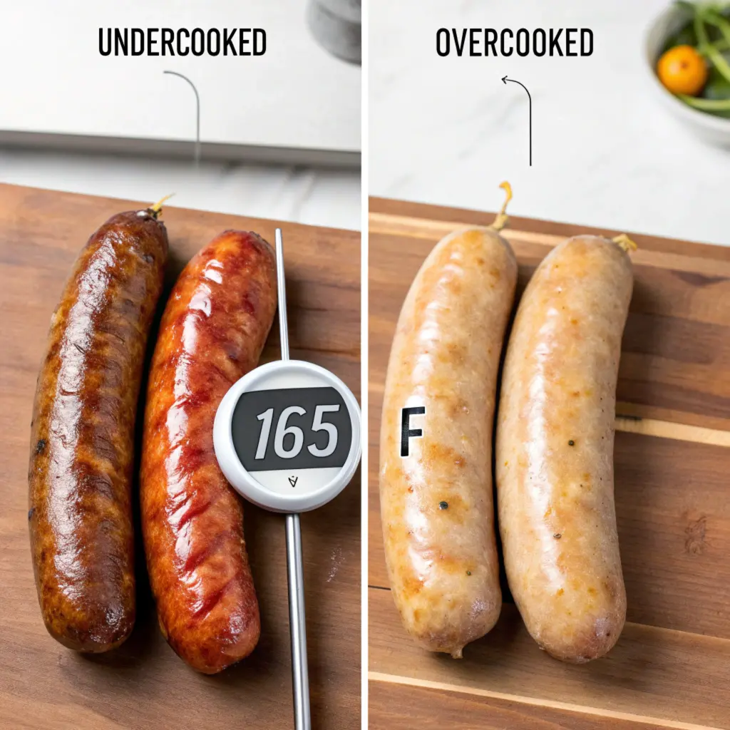 Comparison of undercooked, overcooked, and perfectly cooked breakfast sausages with a food thermometer.