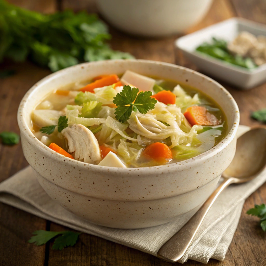 A bowl of chicken cabbage soup with shredded cabbage and diced carrots.