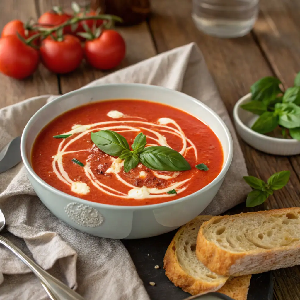 A bowl of Panera Bread creamy tomato soup garnished with basil leaves on a rustic table.