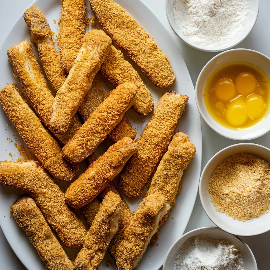 Breaded fish sticks ready for the air fryer with ingredients like breadcrumbs and eggs.