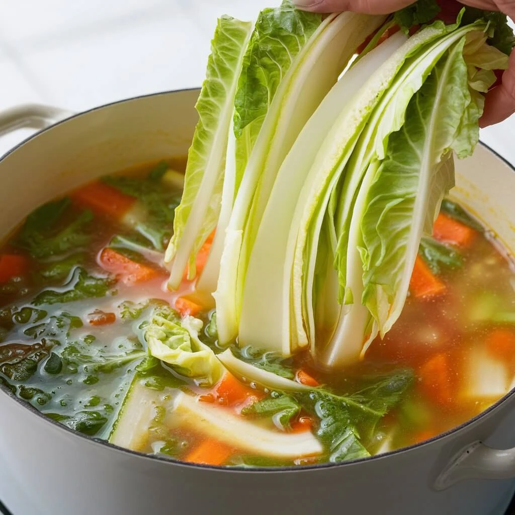 Cabbage being added to a pot of simmering soup on a stovetop.