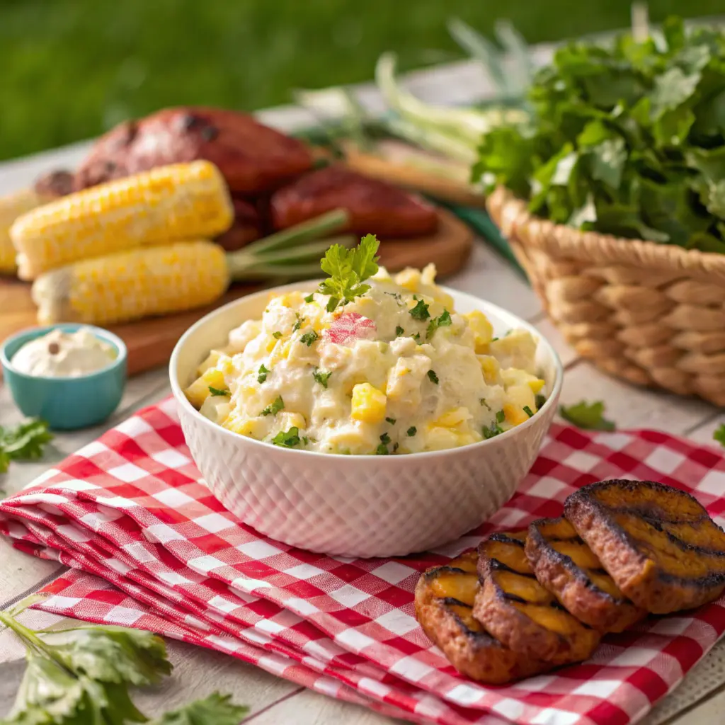 Seasonal serving of grandma’s old fashioned potato salad with summer sides.