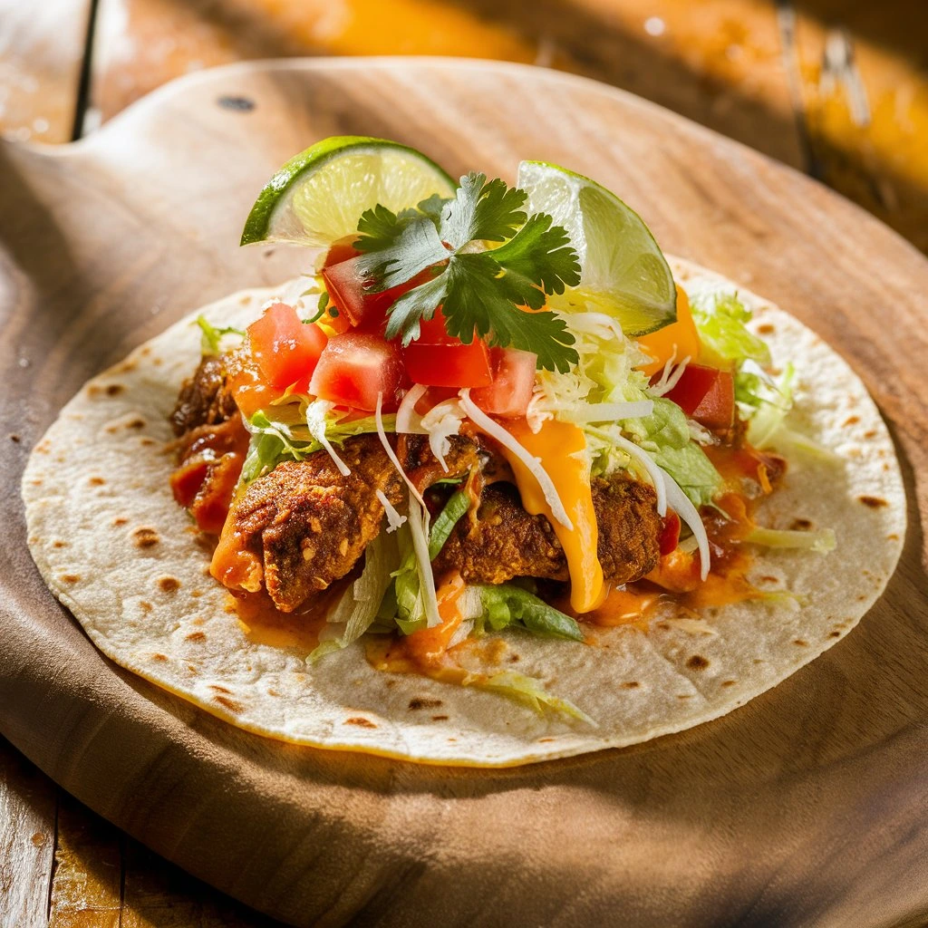 An air fryer taco being assembled with fresh ingredients.