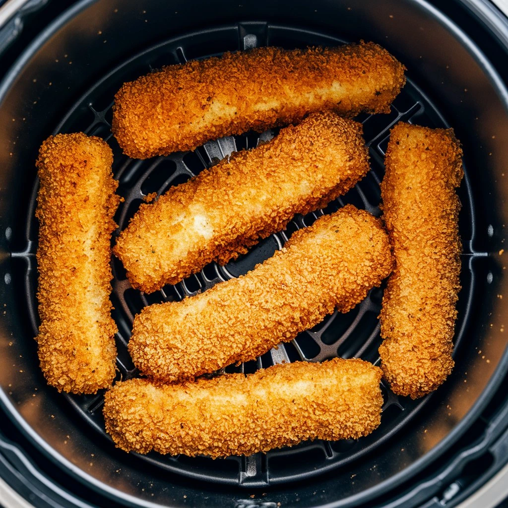 Fish sticks arranged in a single layer inside an air fryer basket.