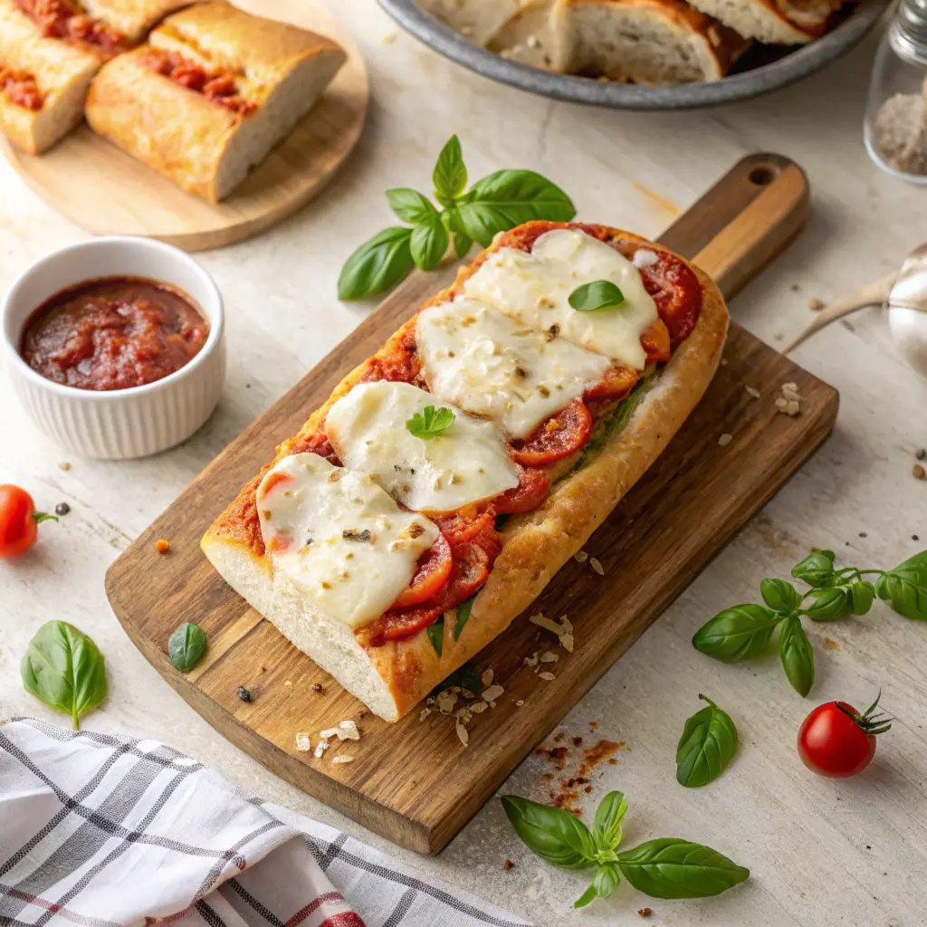 A sandwich pizza made with ciabatta bread, melted mozzarella cheese, tomato sauce, and fresh basil.