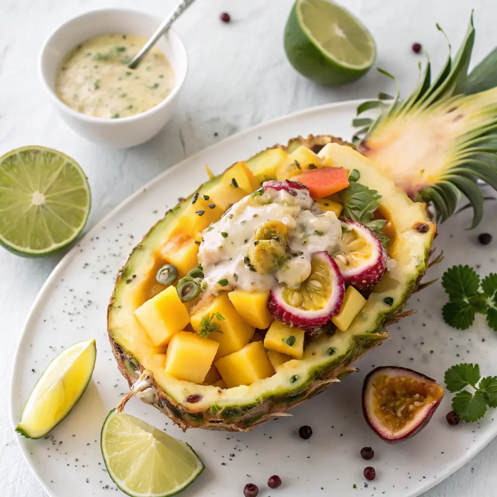 Tropical fruit salad with mangoes, pineapples, and coconut-lime dressing served in a hollowed-out pineapple.