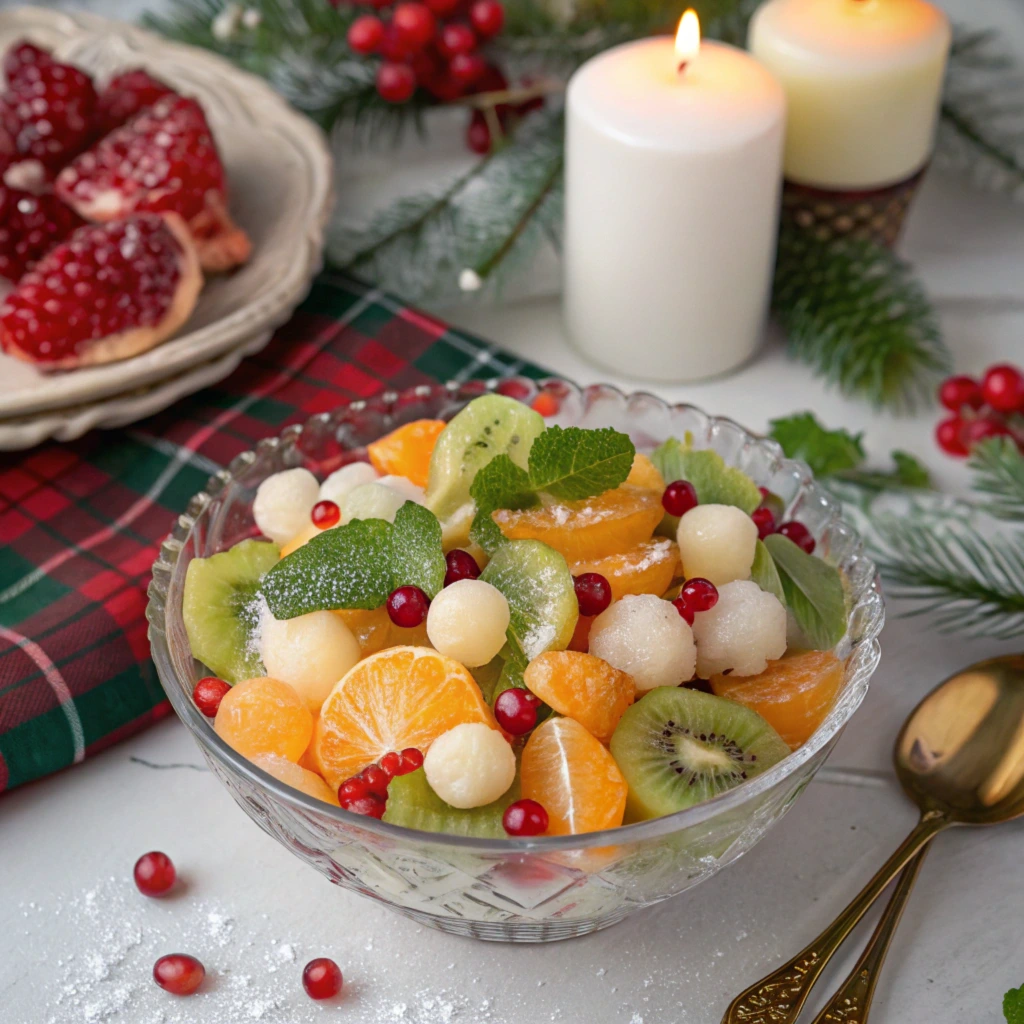 A vibrant Christmas fruit salad with pomegranate seeds, kiwi slices, mandarin segments, and white grapes garnished with mint leaves.