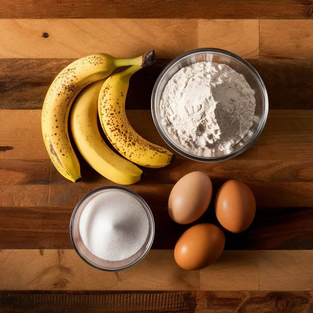 Bananas, flour, sugar, and eggs arranged on a wooden countertop