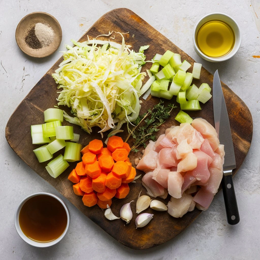 Ingredients for chicken cabbage soup: chopped cabbage, carrots, celery, chicken, and seasonings.