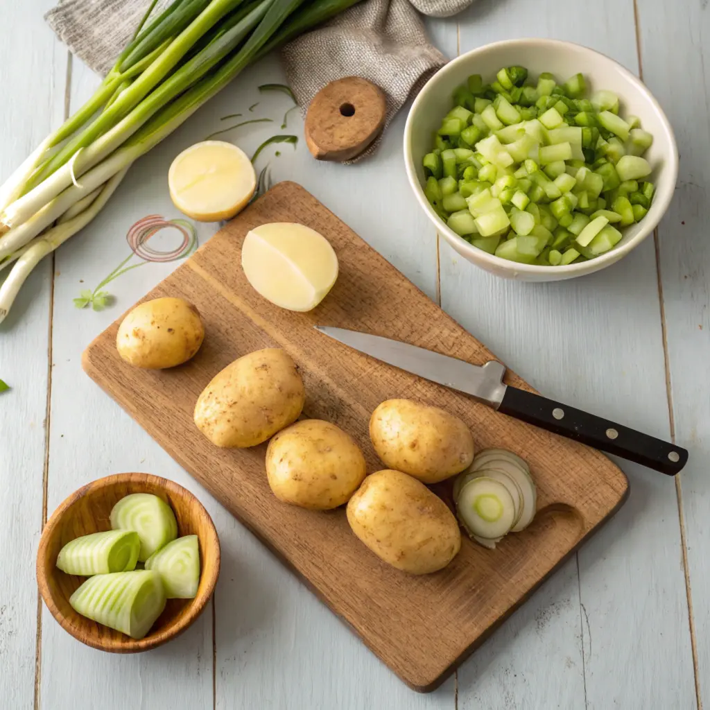 potatoes and chopped vegetables for potato salad preparation.