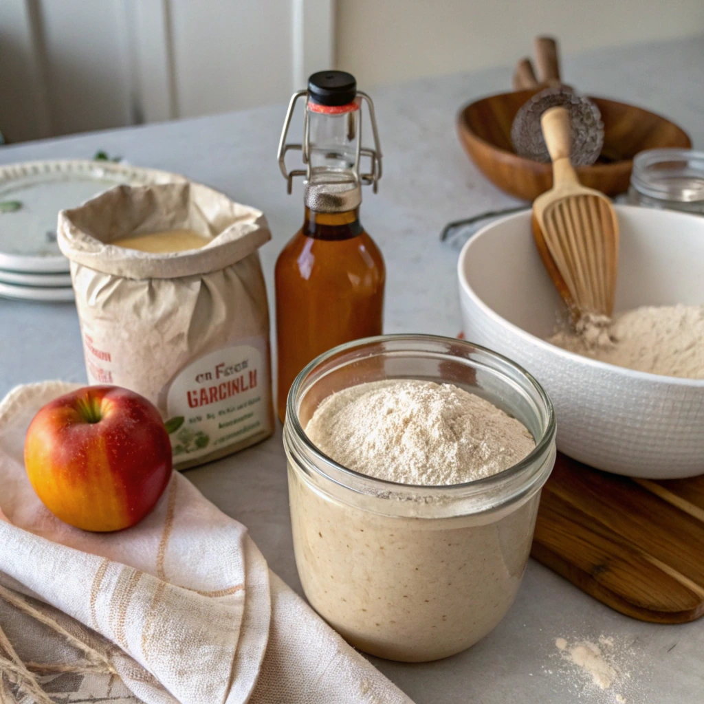 Sourdough bread ingredients, including sourdough starter, apple cider vinegar, flour, and a mixing bowl.