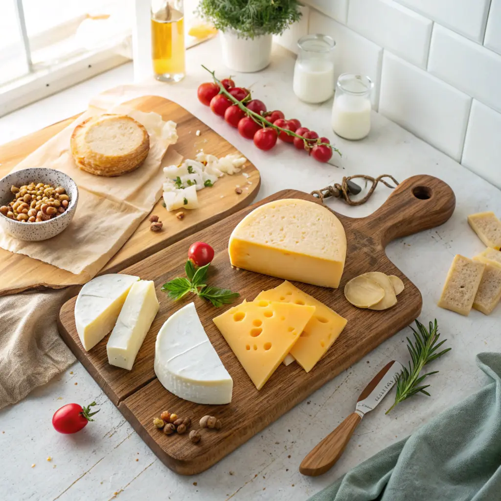 A variety of cheeses including mozzarella, cheddar, provolone, and Gouda displayed on a wooden cutting board.