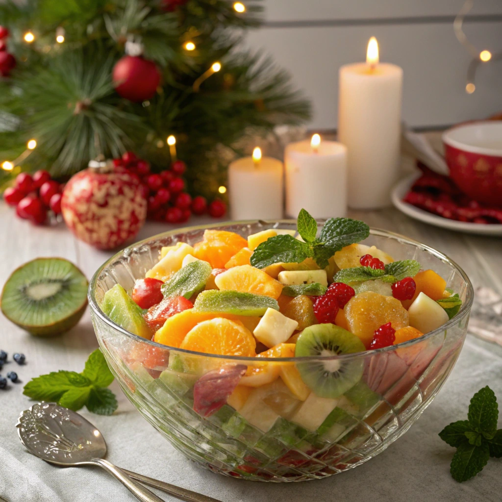 A vibrant Christmas fruit salad with pomegranates, kiwis, mandarins, and pineapple in a decorative glass bowl.