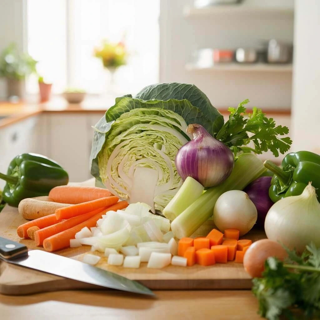 Chopped cabbage, carrots, onions, and celery on a cutting board