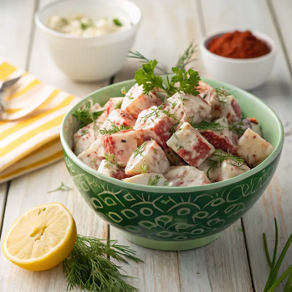 A bowl of Bobby Flay’s creamy potato salad garnished with fresh herbs.