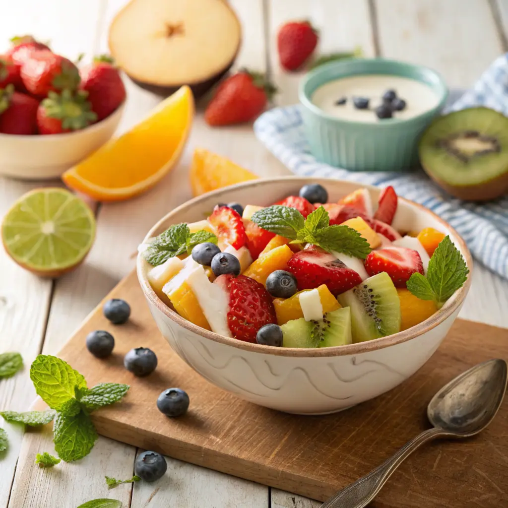 A bowl of colorful fruit salad garnished with mint and a drizzle of creamy yogurt dressing.