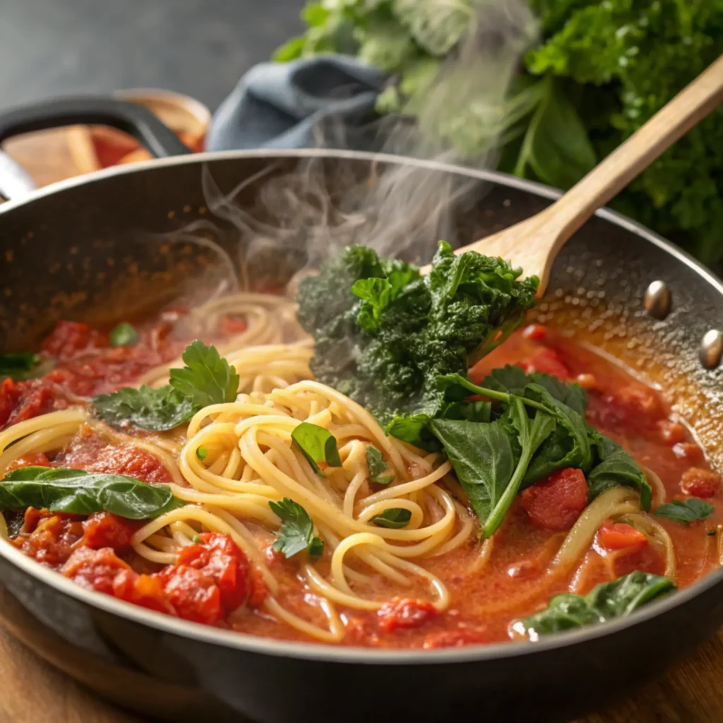 A skillet with steaming tomato pasta as fresh spinach and kale are stirred into the bubbling sauce.