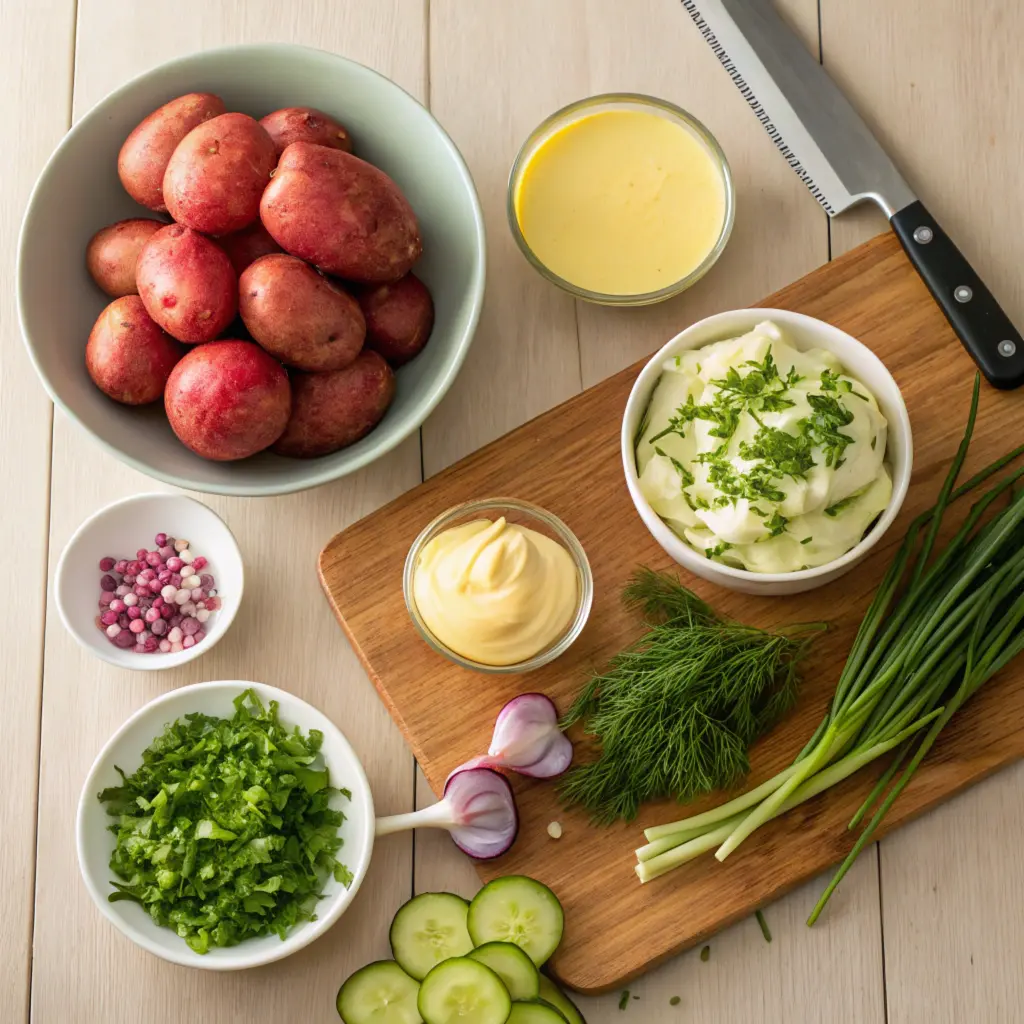 Fresh ingredients for potato salad including red-skinned potatoes, mayonnaise, mustard, celery, onions, and fresh herbs arranged on a wooden countertop.