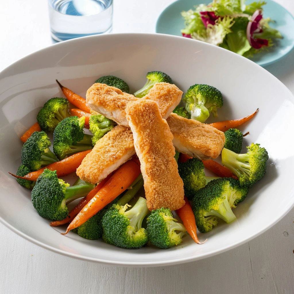 Crispy fish sticks served with steamed broccoli and roasted carrots.