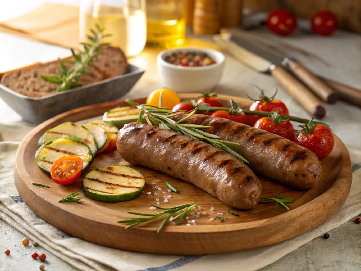 Freshly grilled beef sausages garnished with rosemary and served with roasted cherry tomatoes and zucchini on a wooden platter.