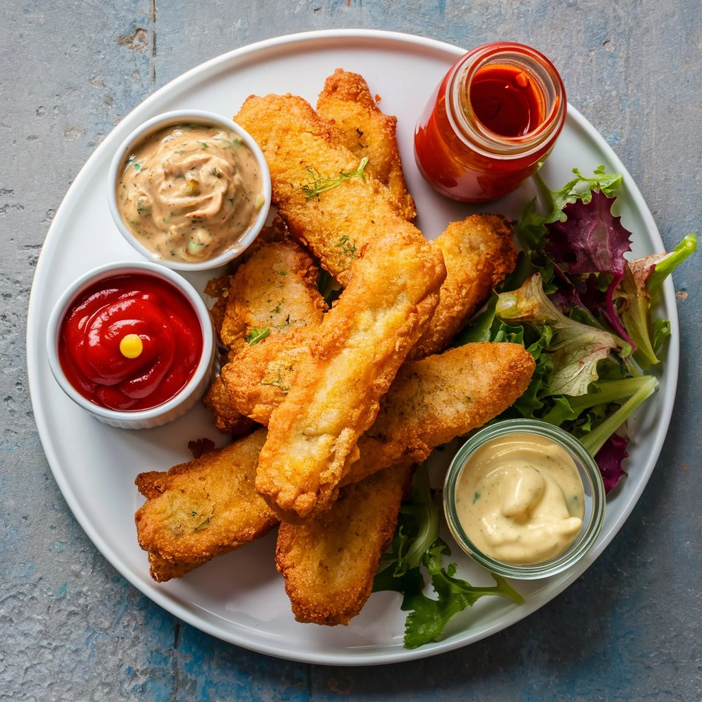 Crispy fish fingers served with tartar sauce, ketchup, and lemon aioli.