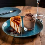 Cheesecake and chocolate mousse on a dessert platter