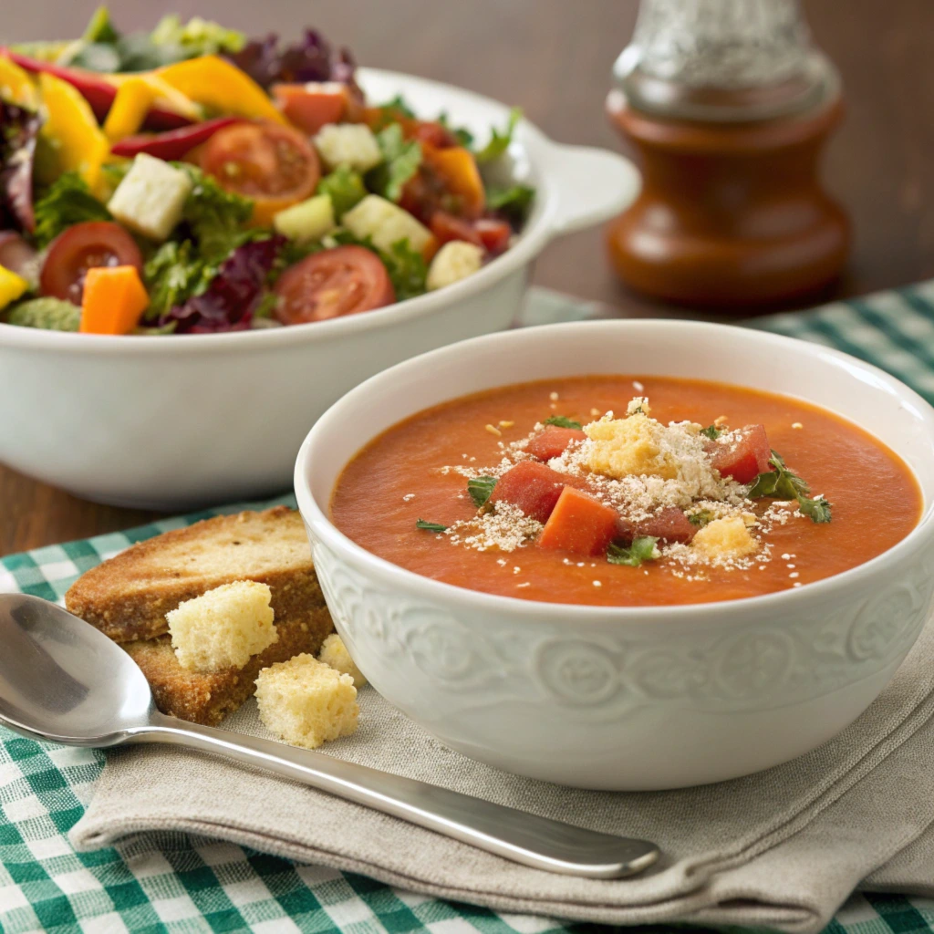 A balanced meal featuring creamy tomato soup paired with a crisp green side salad.