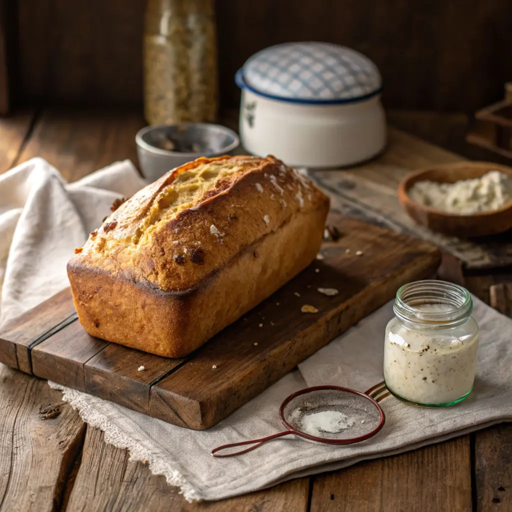 Golden sourdough quick bread with sourdough starter.