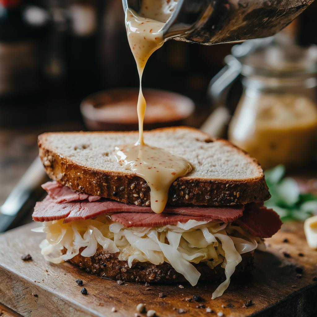 A close-up of a Reuben sandwich with layers of corned beef, sauerkraut, and Swiss cheese, drizzled with creamy Reuben sauce.