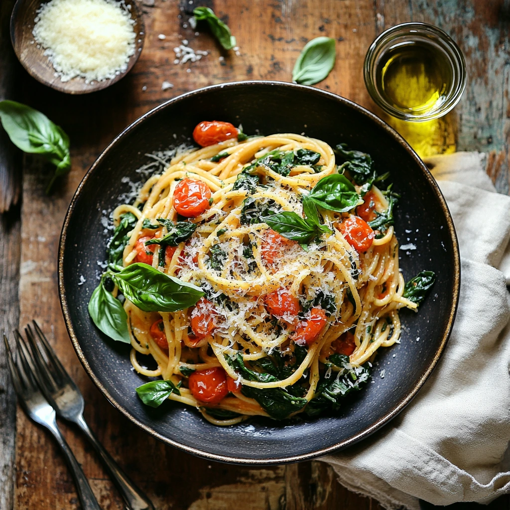 A bowl of spinach tomato pasta garnished with fresh basil and Parmesan cheese.