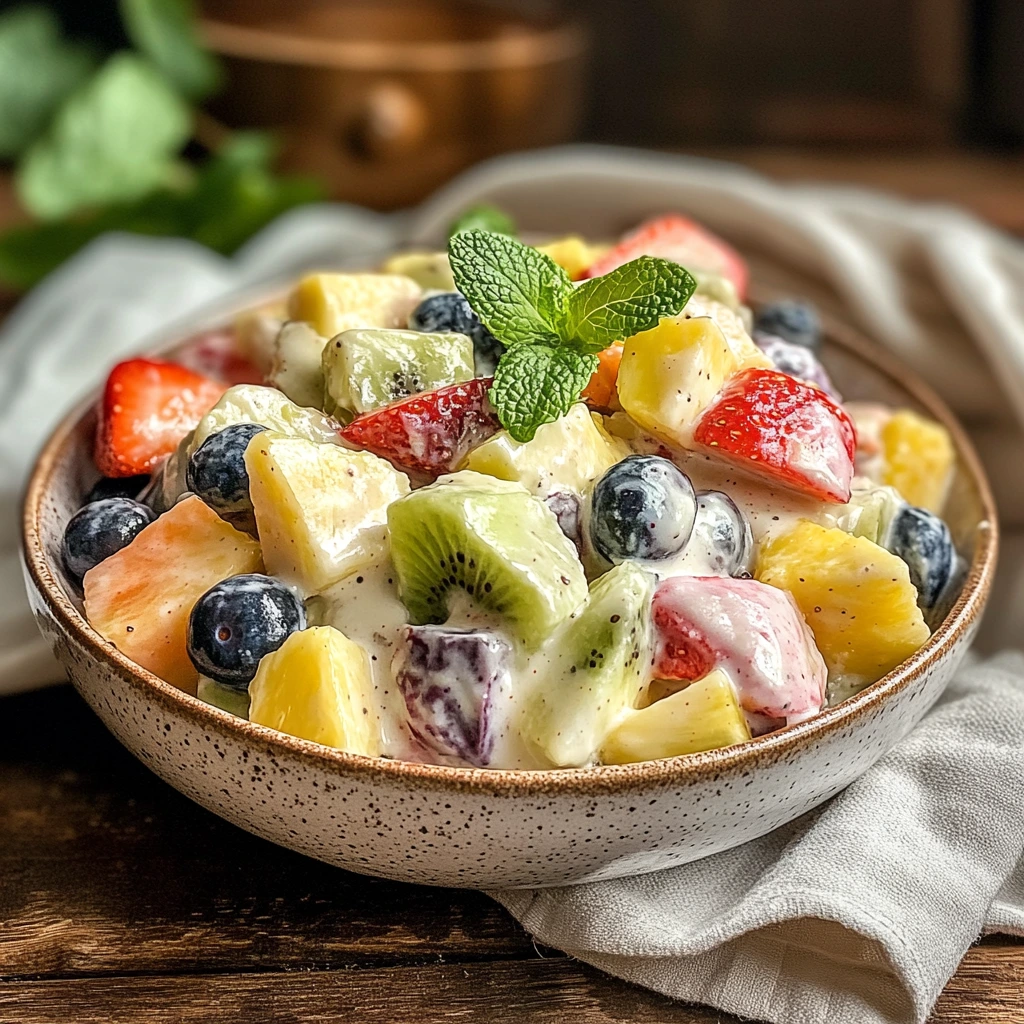 Bowl of creamy fruit salad with strawberries, kiwi, blueberries, and pineapple, topped with a mint sprig.