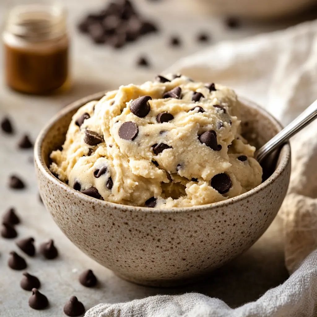A bowl of classic edible cookie dough with chocolate chips, surrounded by scattered ingredients like chocolate chips and a jar of vanilla extract.