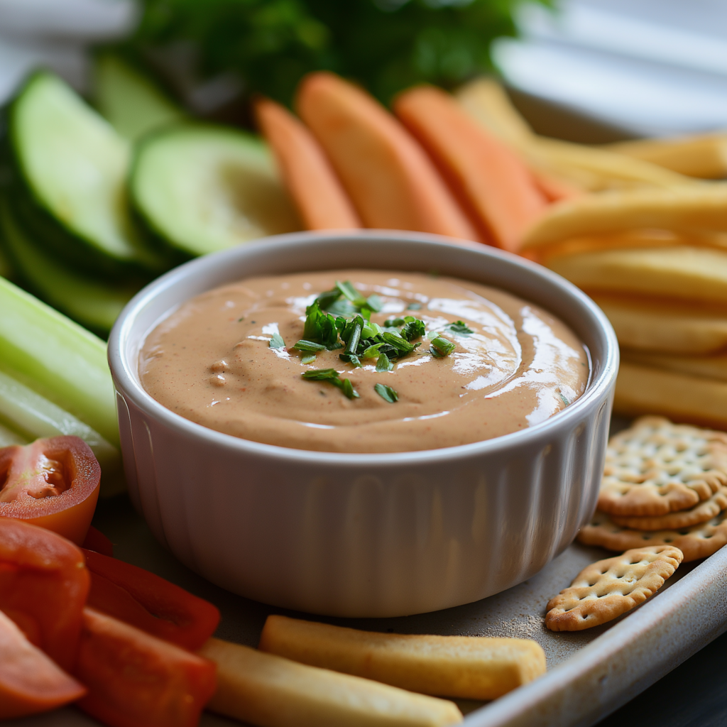 Reuben sauce in a small bowl surrounded by fries, veggie sticks, and crackers on a platter.