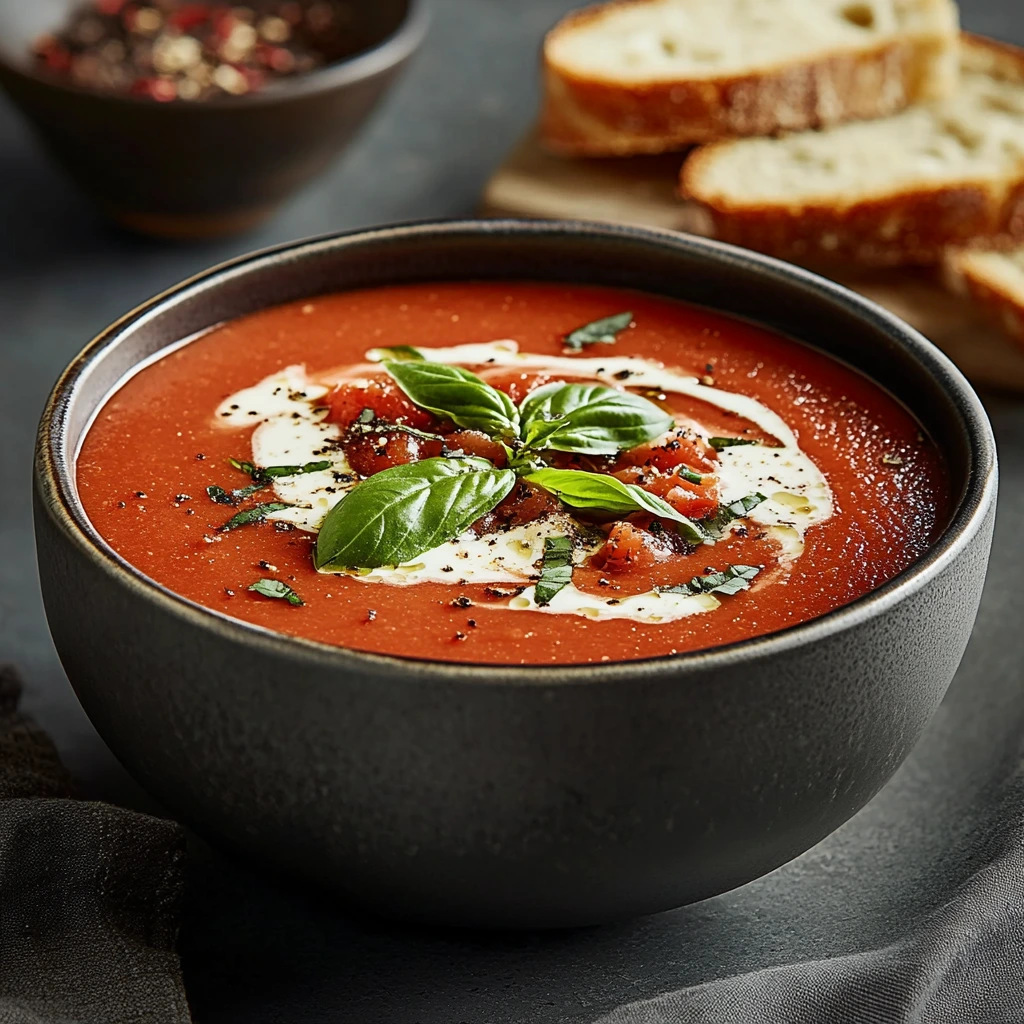 A creamy bowl of homemade Panera tomato soup garnished with fresh basil and served with crusty bread.