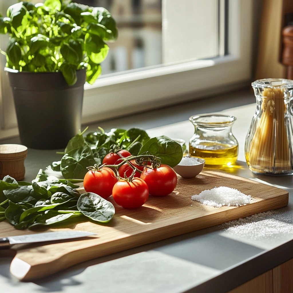 Fresh spinach, tomatoes, garlic, and uncooked pasta arranged on a kitchen counter.