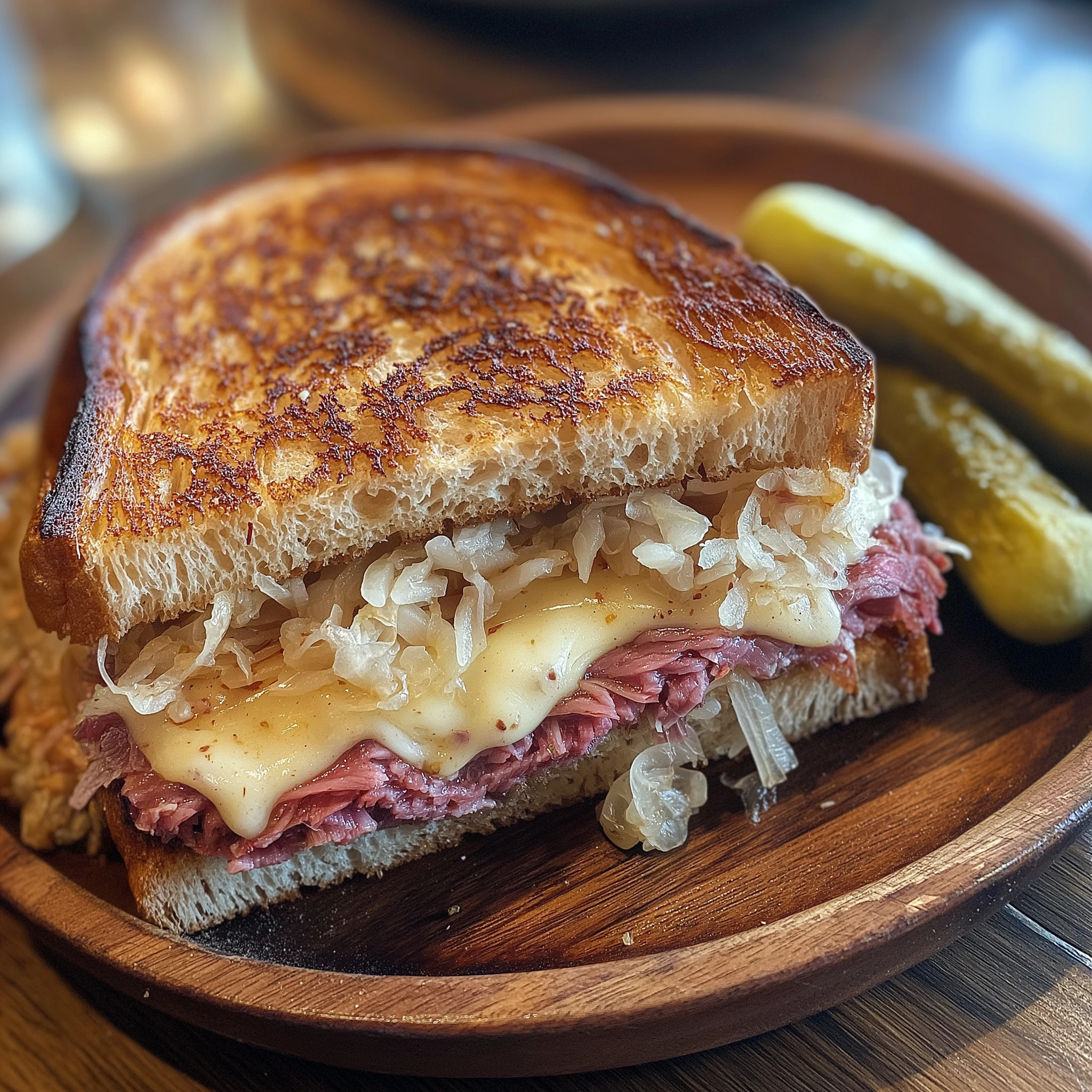 Classic Reuben sandwich with corned beef, Swiss cheese, sauerkraut, and Russian dressing on toasted rye bread