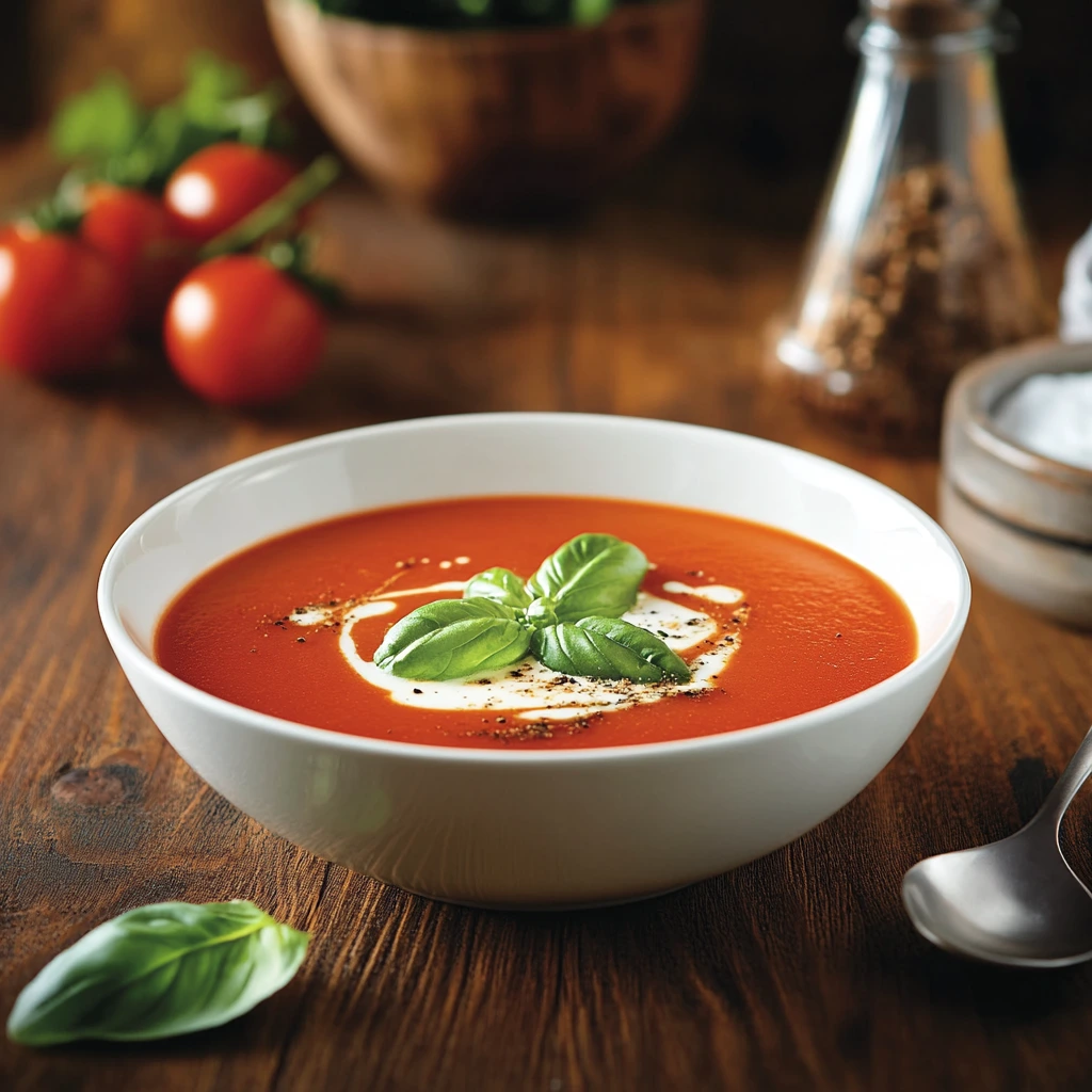 A creamy bowl of Panera-style tomato soup garnished with cream and fresh basil.