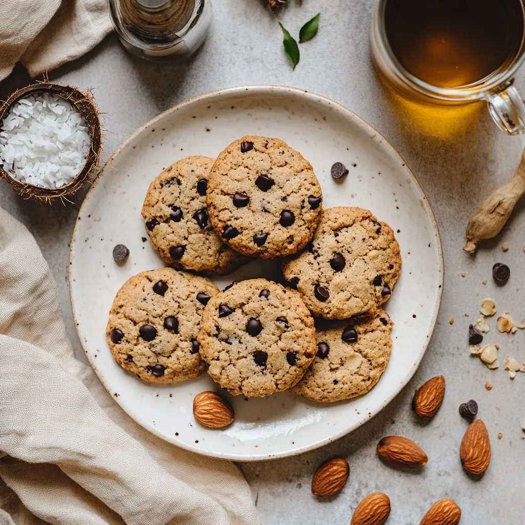 Gluten-free almond flour chocolate chip cookies on a white porcelain plate, surrounded by almonds, a cracked coconut, and a jar of coconut oil, with a steaming cup of tea in the background.