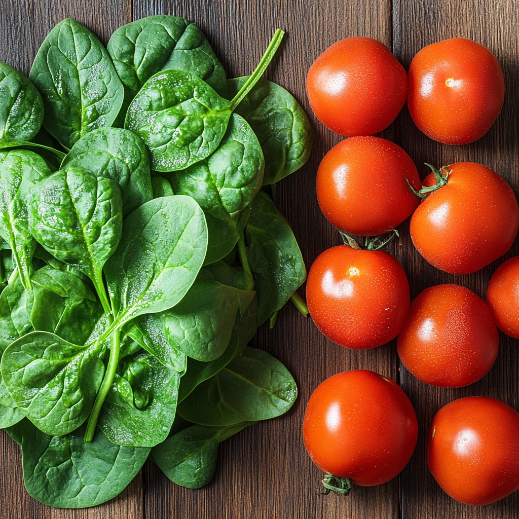 Fresh spinach leaves and ripe tomatoes highlighting key nutrients like iron, vitamin C, and lycopene.