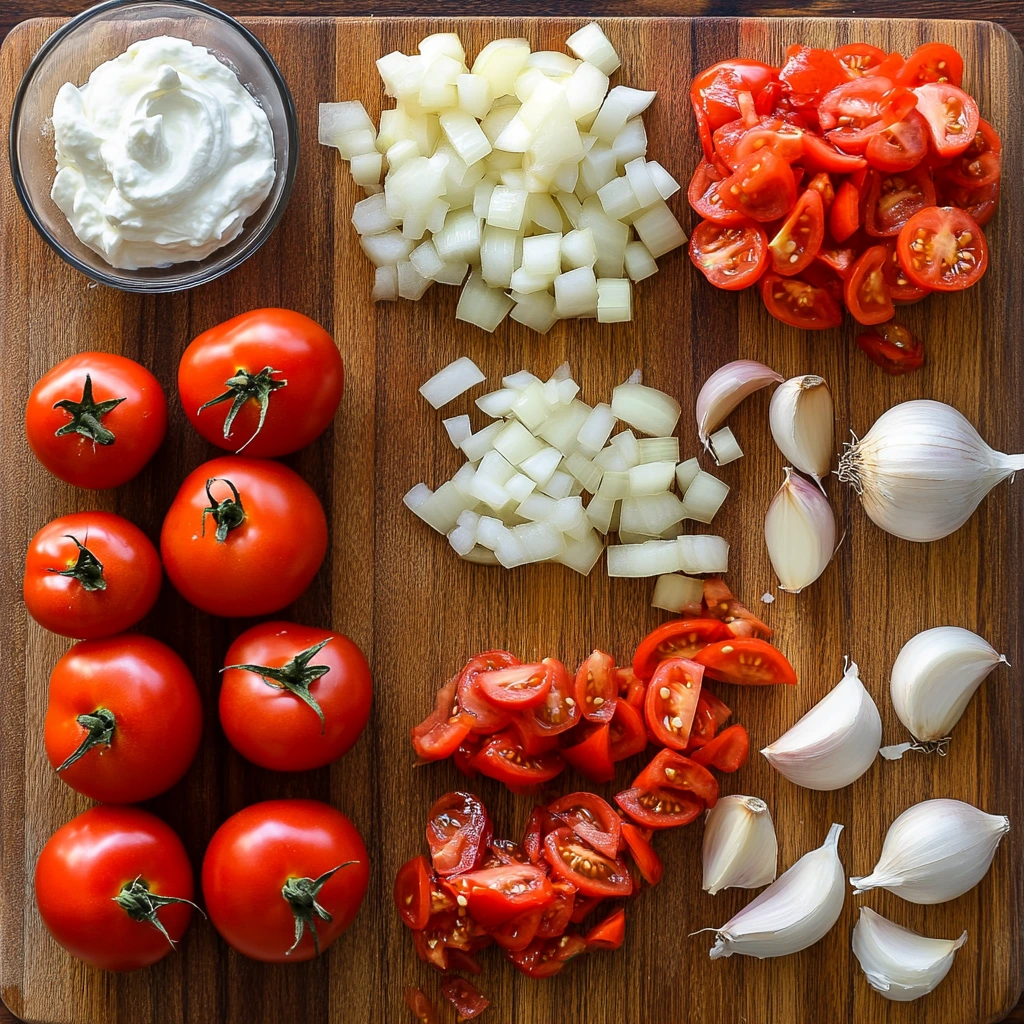 Fresh tomatoes, onions, garlic, and cream on a cutting board ready for Panera tomato soup.