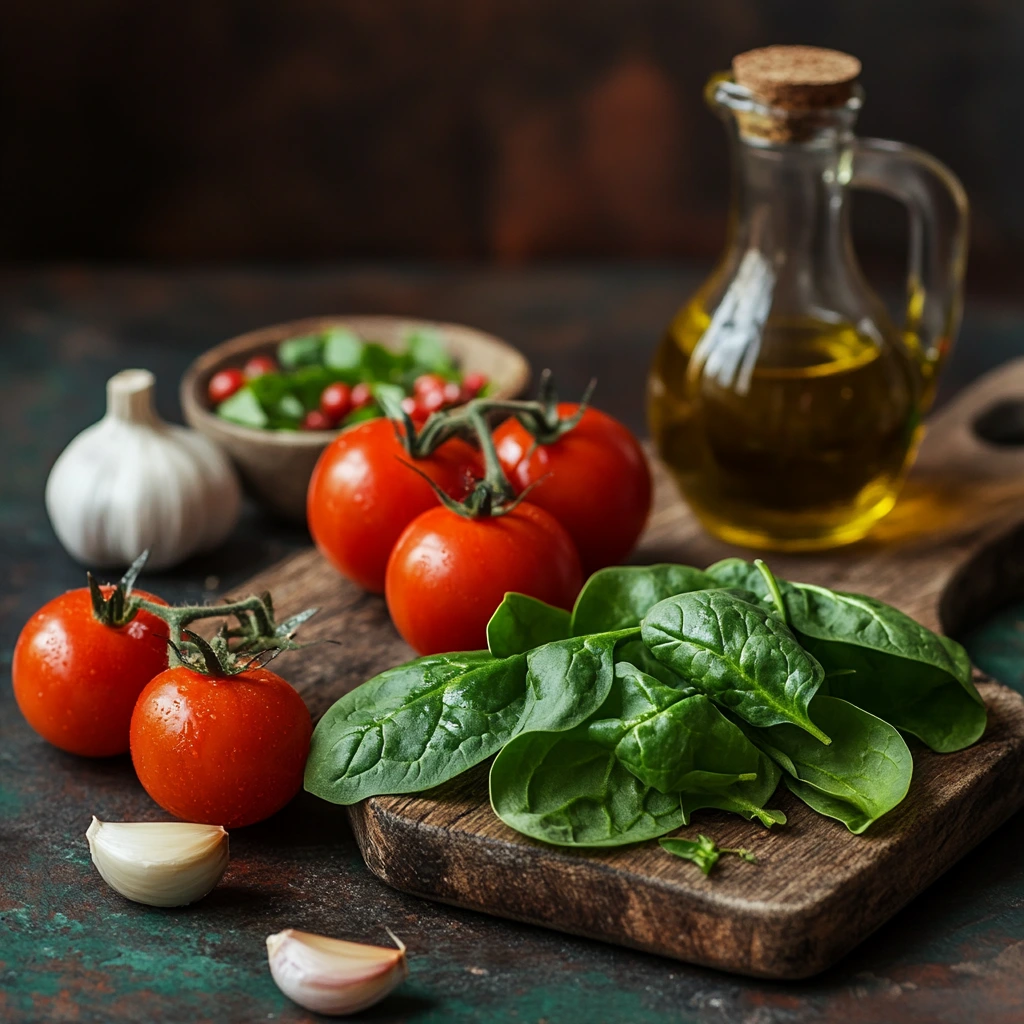 A rustic wooden cutting board with fresh spinach, ripe tomatoes, olive oil, garlic cloves, and herbs.