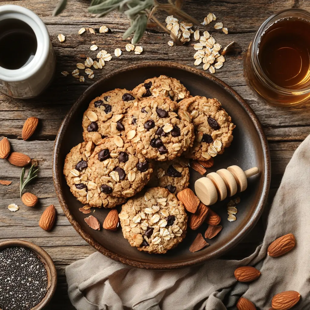 A plate of the healthiest cookies to eat, including oatmeal raisin, almond flour chocolate chip, and peanut butter protein cookies, surrounded by natural ingredients.