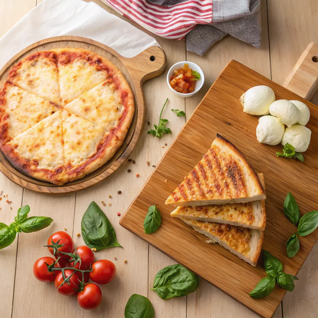 A cheese pizza and gourmet grilled cheese sandwich surrounded by fresh ingredients like tomatoes, basil, and blocks of mozzarella and cheddar.