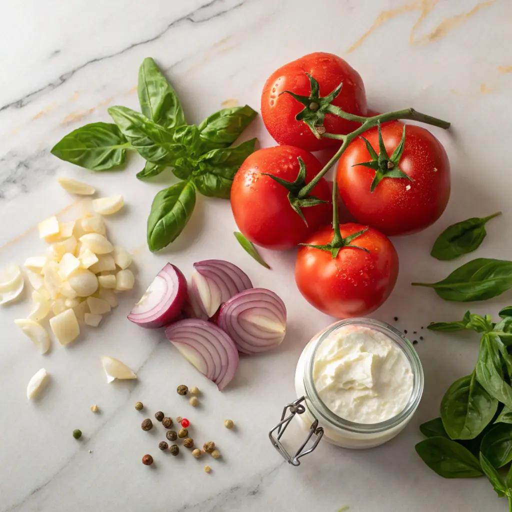 Fresh ingredients for Panera tomato soup including tomatoes, onions, garlic, cream, and basil on a marble surface.