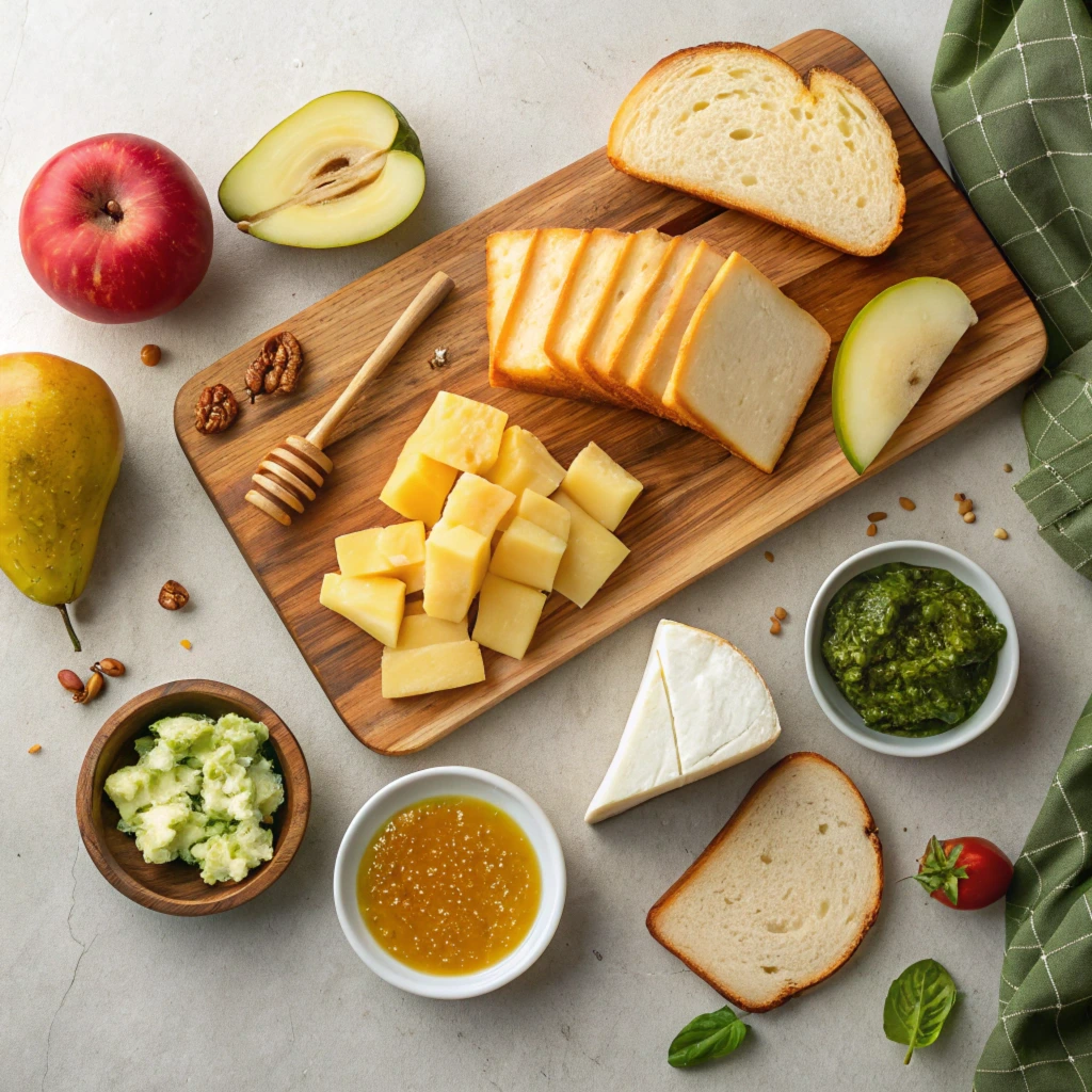 Top-down view of premium grilled cheese ingredients, including cheeses, breads, fruits, and spreads.