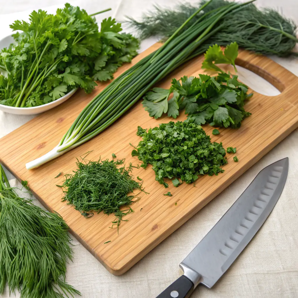 Freshly chopped herbs on a cutting board, ready to garnish potato salad.