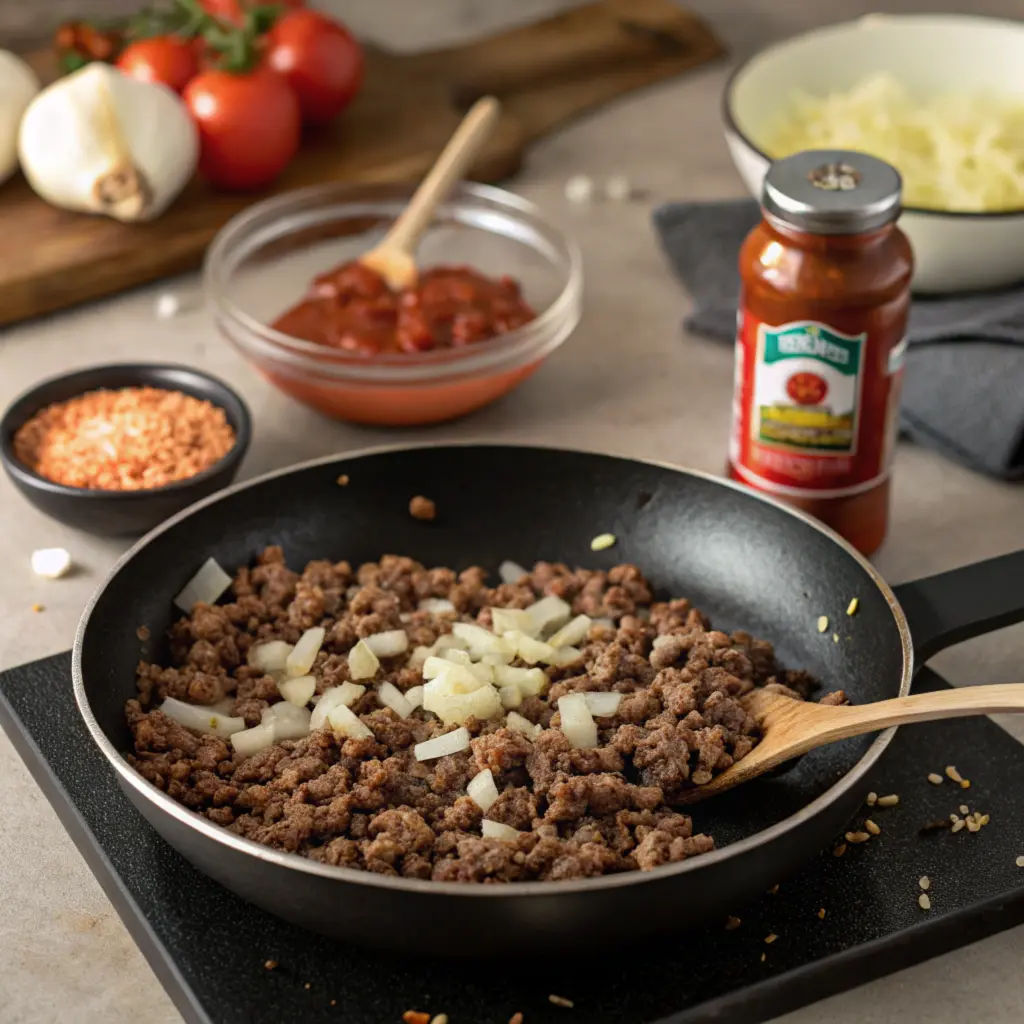 Ground beef and onions being browned in a skillet for sloppy joe filling.