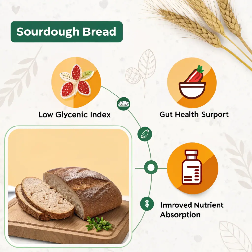 Infographic showing sourdough bread’s health benefits, including gut health and low glycemic index.