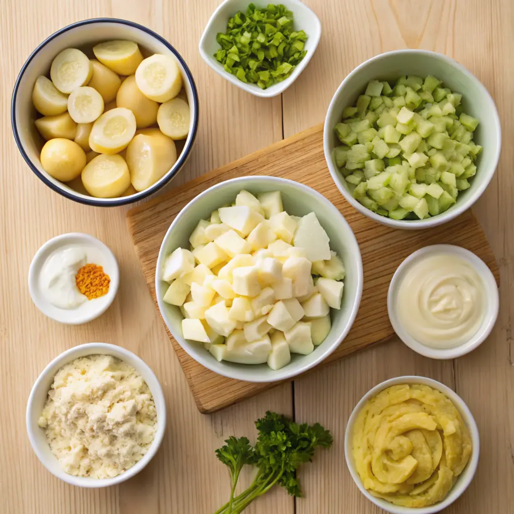 Ingredients for grandma’s old fashioned potato salad neatly arranged